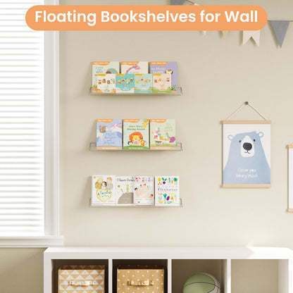upsimples 6 Pack Acrylic Shelves for Wall Storage, 15" x 4“ Floating Bookshelves for Kids, Display Shelf Organizer for Bathroom, Bedroom, Living Room, Kitchen, Room Decor, Clear