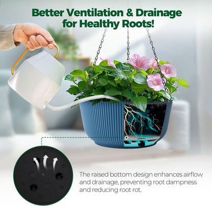 T4U 10 Inch Hanging Planters for Indoor Plants, 2 Pack White Self Watering Hanging Plant Pot, Hanging Pots Set with Drainage Hole & Plug & Chain with 3 Hooks for Garden Home Decor