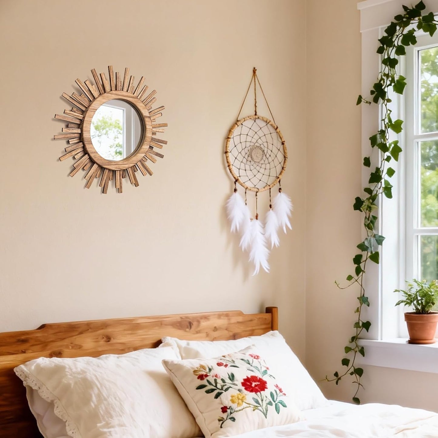 24 Inch Boho Sunburst Mirror, Round Wooden Wall Decor Starburst Sun Mirror for Bedroom, Living Room, Bathroom, Hallway, Balcony, Farmhouse Entryway, Housewarming Gift