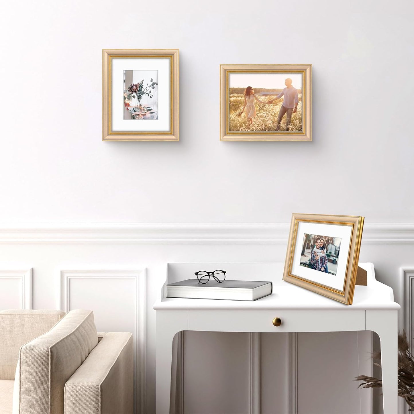 Golden State Art,11x14 Ornate Picture Frame for 8x10 Photo with Mat or 11 x 14 Prints without Mat,Real Glass Wall Display(Color:Green Gold)