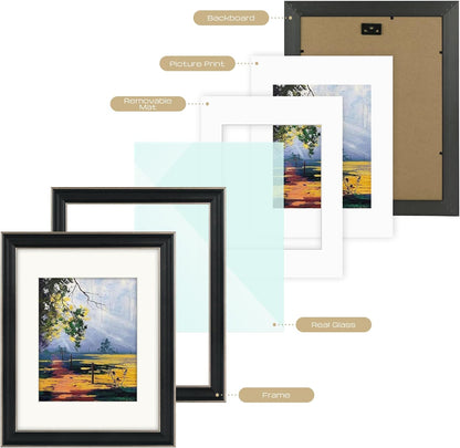 Golden State Art, 11x14 Photo Frame with Mat for Pictures 8x10 and Real Glass (Dark Gold Brown & Bronze Pewter Panel with White Color Mat, 1.25 Inch Frame Border)