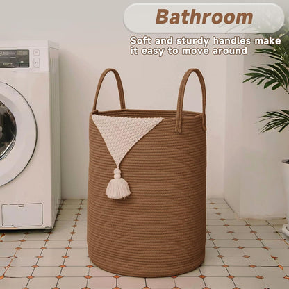 JMvicyroam Large Woven Laundry Basket Hamper,60L Cotton Rope Storage Bin for Blankets,Toys and Clothes,Decorative Tall Nursery Hamper for Living Room,Baby Nursery,Bathroom and Bedroom,Brown