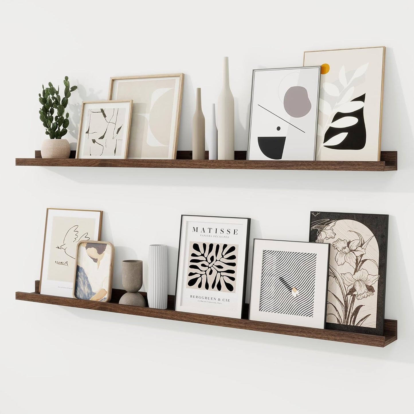 RICHFOCUS Picture Ledge Shelf, 24 inch Floating Shelves Set of 2, Wood Wall Shelves with Lip, Wall Decor Storage for Bedroom Living Room Bathroom Kitchen Nursery Photo Picture, Walnut