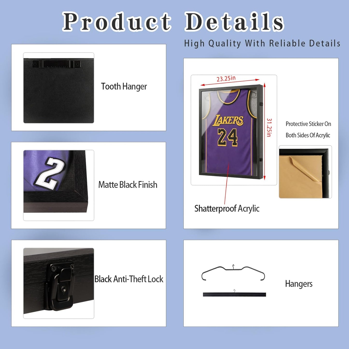 Large Lockable Jersey Frame Display Case Wall Mount, T-Shirt Shadow Box with Clear UV-Protective Acrylic, Hangers Linen Backing for Football, Basketball, Baseball
