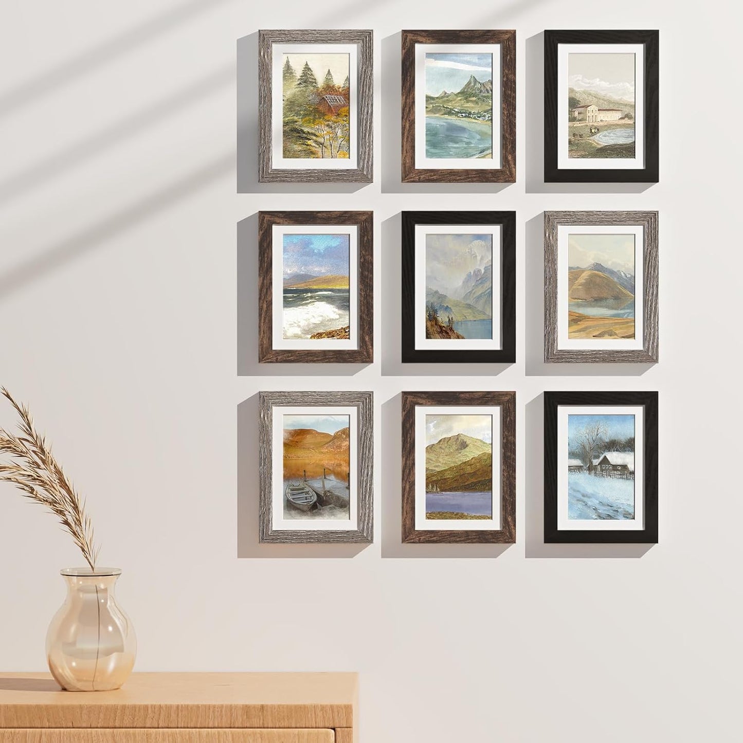 Vittanly 8x10 Picture Frames Set of 9, Shatter Resistant Plexiglass, Display 5x7 Pictures with Mat or 8x10 without Mat, Photo Frames for Wall or Tabletop, Engineered Wood, Black - Colors B
