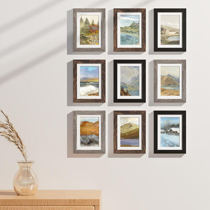 Vittanly 8x10 Picture Frames Set of 9, Shatter Resistant Plexiglass, Display 5x7 Pictures with Mat or 8x10 without Mat, Photo Frames for Wall or Tabletop, Engineered Wood, Black - Colors B
