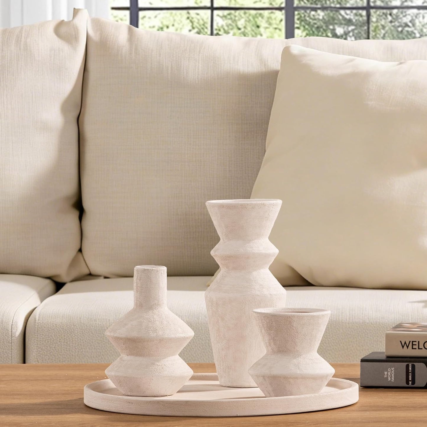 Ceramic Vase Home Table Decor - Flower Vase Set of 3 Living Room Kitchen Decorations Farmhouse Modern Rustic Vases Decorative Centerpiece for Shelf Bedroom Office Bathroom Dining Coffee Desk