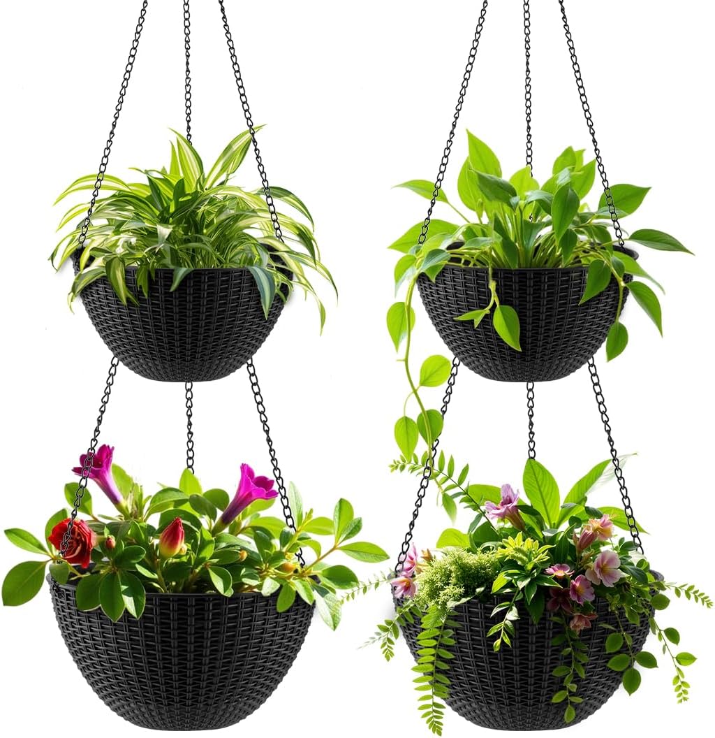 RooTrimmer Hanging Planters for Indoor Outdoor Plants 8 and 10 Inch, 4 Packs Hanging Flower Pot with Drainage Holes, Self-Watering Hanging Basket Perfect for Home, Office and Garden, White