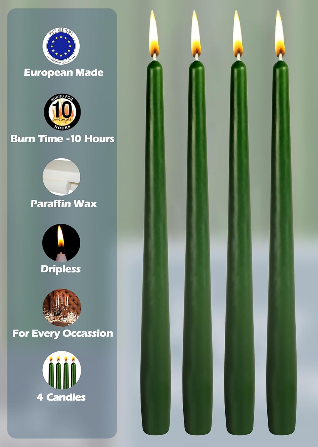 Hyoola Tall Taper Candles - 10 Inch Metallic Gold Unscented Dripless Taper Candles - 8 Hour Burn Time - 4 Pack