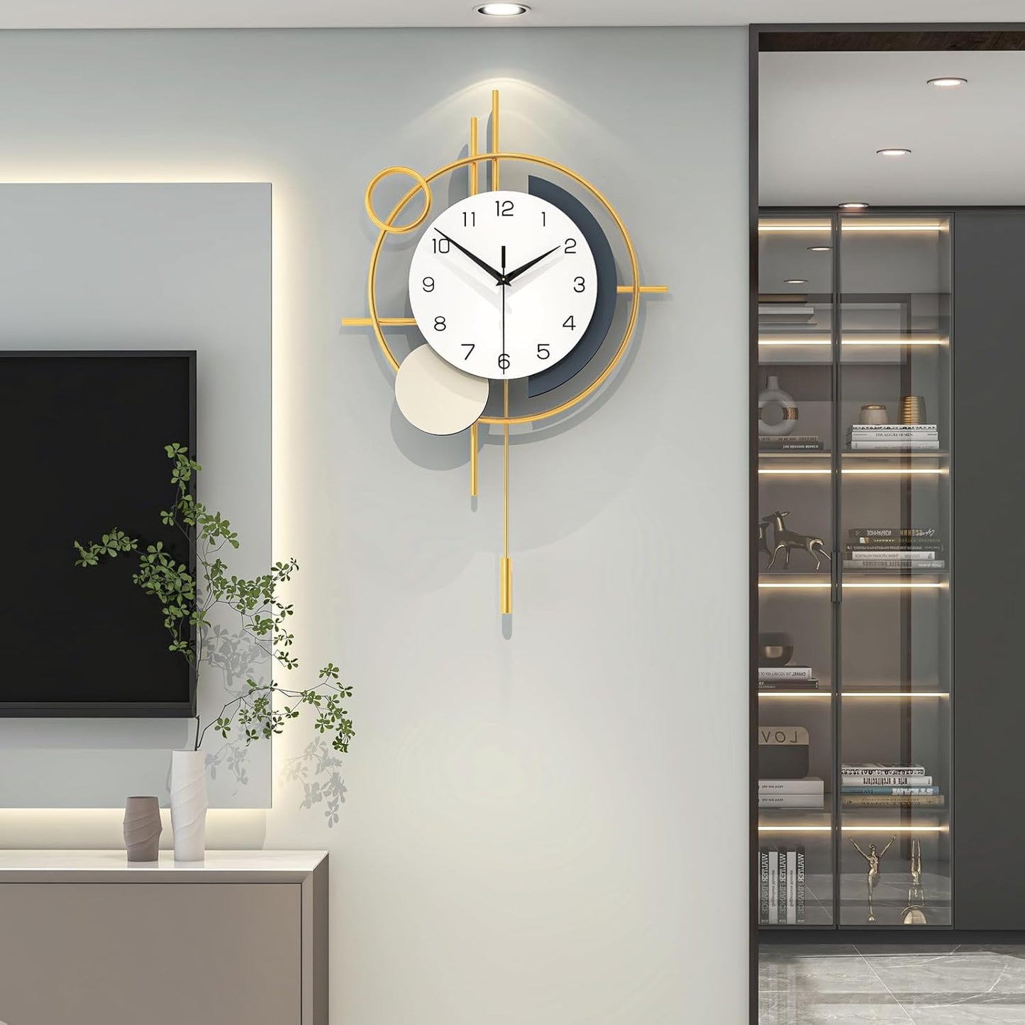 Wall Clock for Living Room Decor Decorative Wall Clock with Pendulum Silent Quartz Battery Operated Black Metal Large Clock for Dining Room,Kitchen,Home,Bathroom,Bedroom,13.8x21.3 in