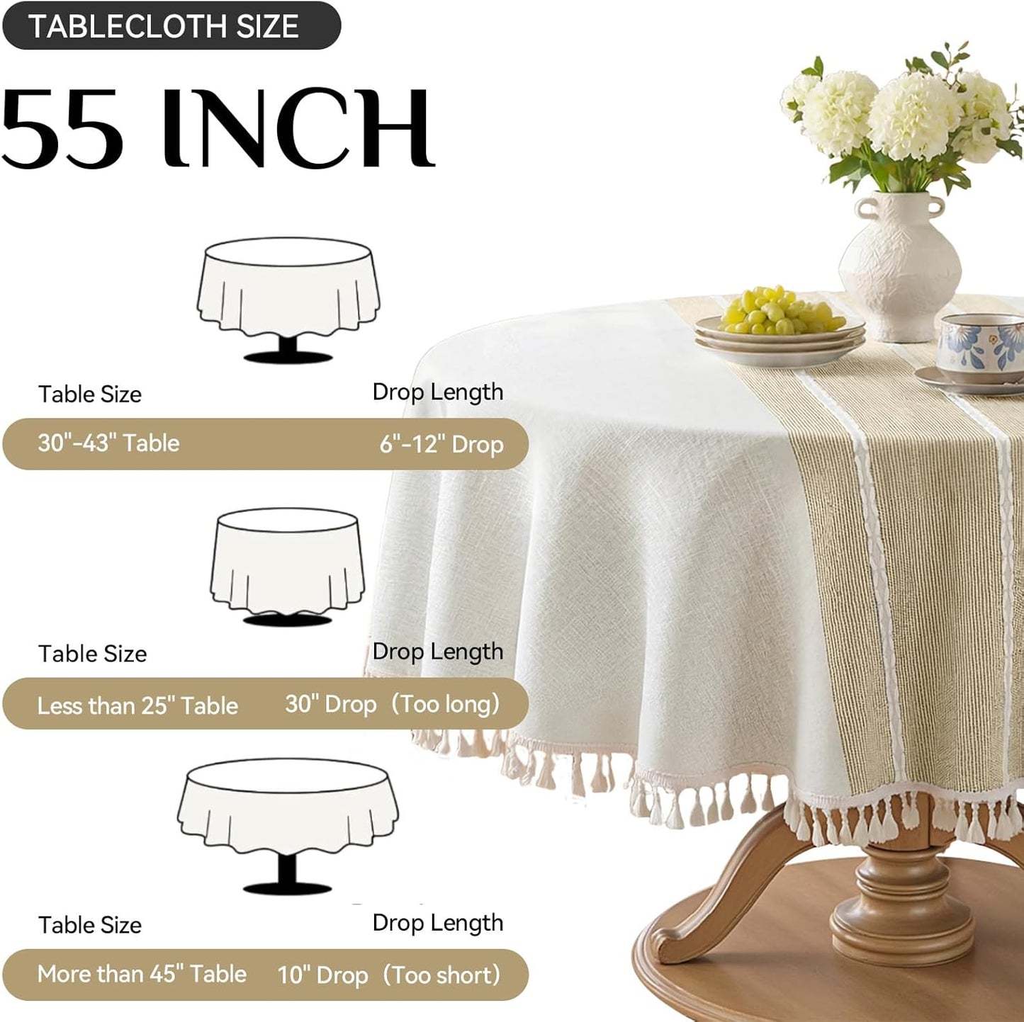 Softalker Outdoor Tablecloth Rectangle, Waterproof Linen Cotton Farmhouse Table Cloths with Tassel, Heavy Weight Wrinkle Free Boho Table Cover for Picnic Camping Dining - 55 x 70 Inch, Coffee Lines