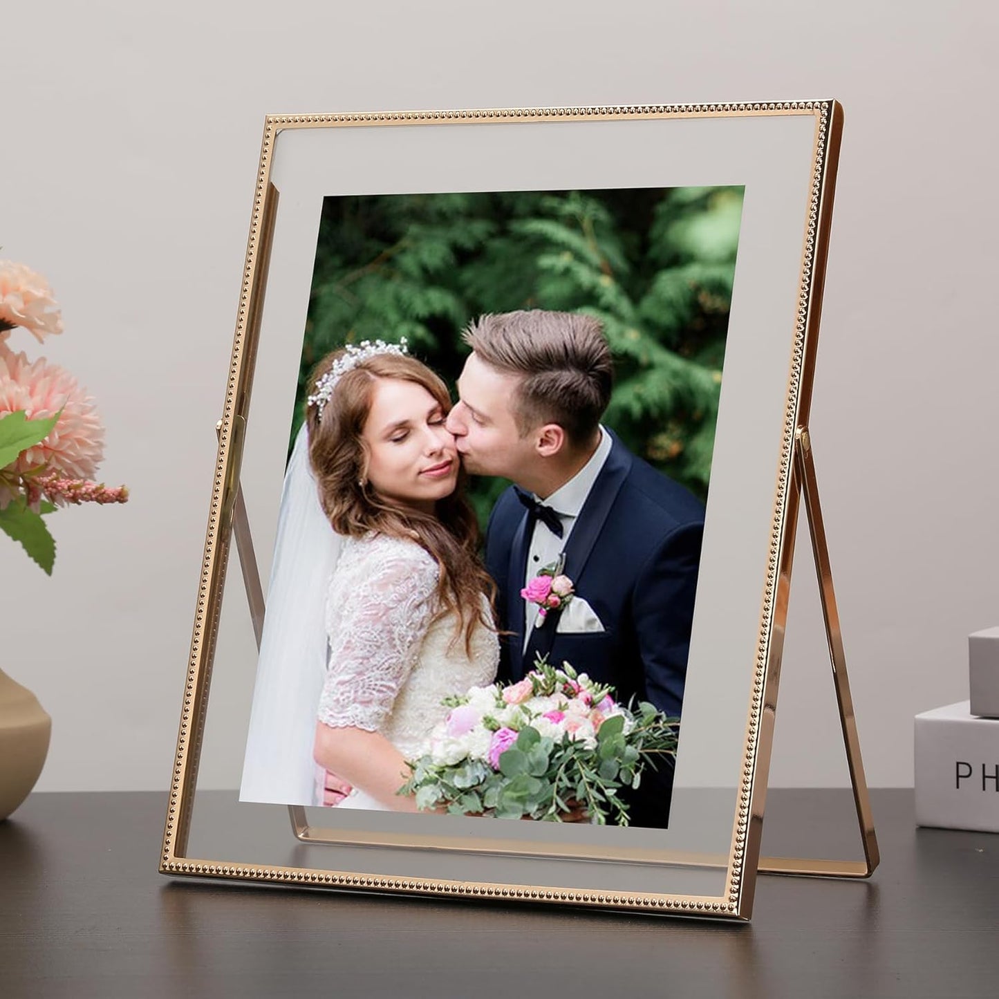Gold 6x8'' Floating Photo Frame 2 Pack, Beaded Metal Frame Fits 3.5x5'', 4x6'' & 5x7'' Pictures, Adjustable Tabletop & Shelf Display, Elegant Wedding Gift for Home Decor