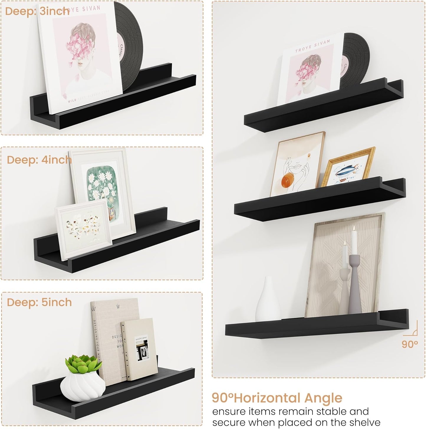 Acovy Picture Ledge Shelf Set of 6, 48 inch Long Large Floating Shelves for Wall with Lip, Wall Mounted Shelves for Living Room, Bedroom, Bathroom, Kitchen, Nursery,Oak