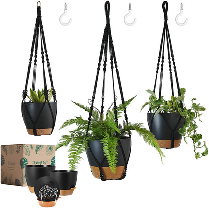 Bouqlife Hanging Planters with Macrame Plant Hangers for Indoor Outdoor Plants 3 Set Self Watering Pots Hanging Baskets Flower Pot Holders 3 Different Size