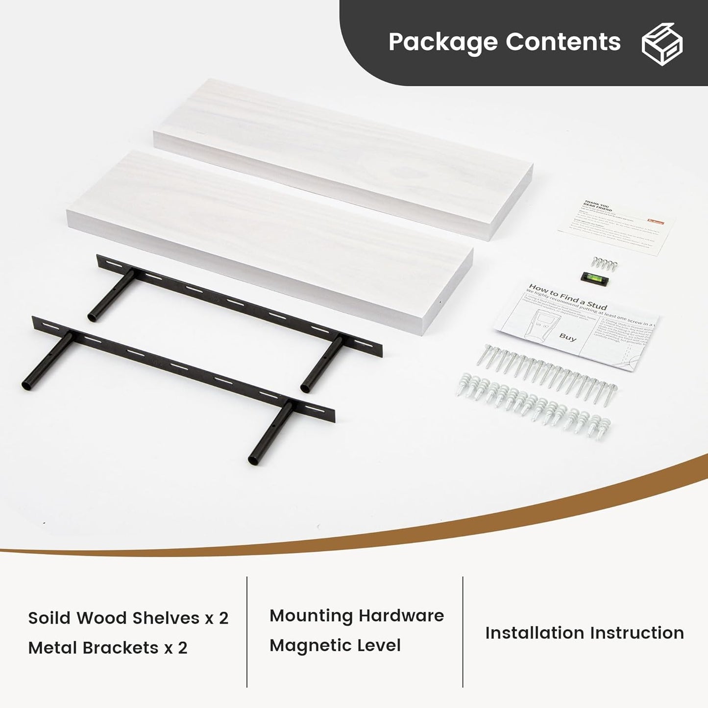 Floating Shelves 36 Inches Long - 8 Inch Deep Rustic Premium Solid Pine Wood for Storage - Farmhouse Wall Mounted for Living Room - Heavy-Duty Metal Bracket - 36" W x 8" D - Set of 2 - White Color