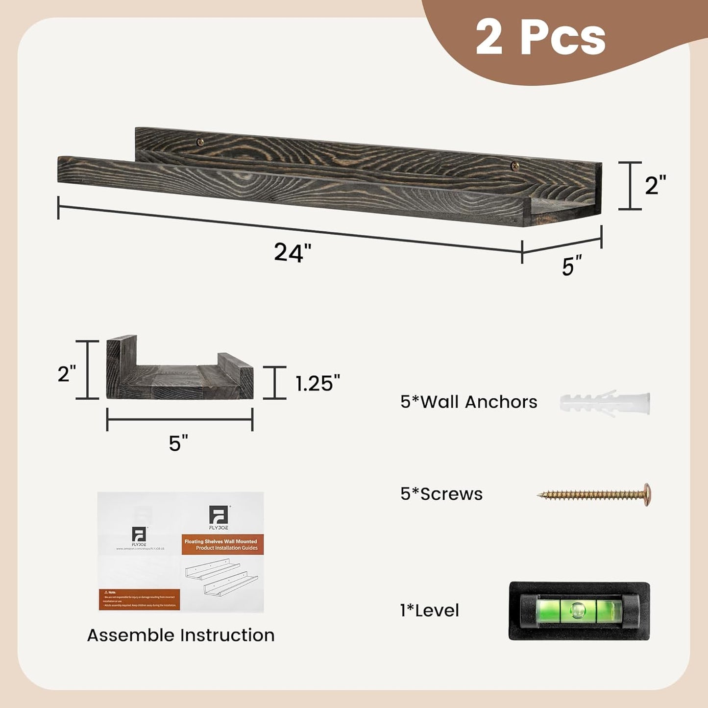 FLYJOE Picture Ledge Shelf, Floating Shelves Set of 2, Solid Pine Wood 55'' Long Large Nursery Book Shelves for Toys Storage, Kids Bookshelf for Living Room Bedroom Decor Books Photo Frames, Walnut