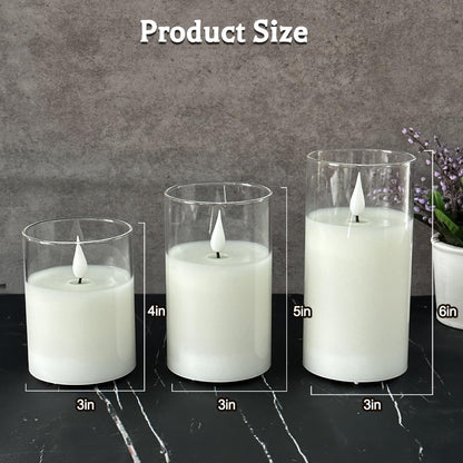 Rechargeable Flameless Glass Pillar Candles–Gifts for Women,–Set of 3, Realistic Flickering LED Light,Remote & Timer, Ideal for Living Room, Bedroom & Festival Wedding Home Party Decor