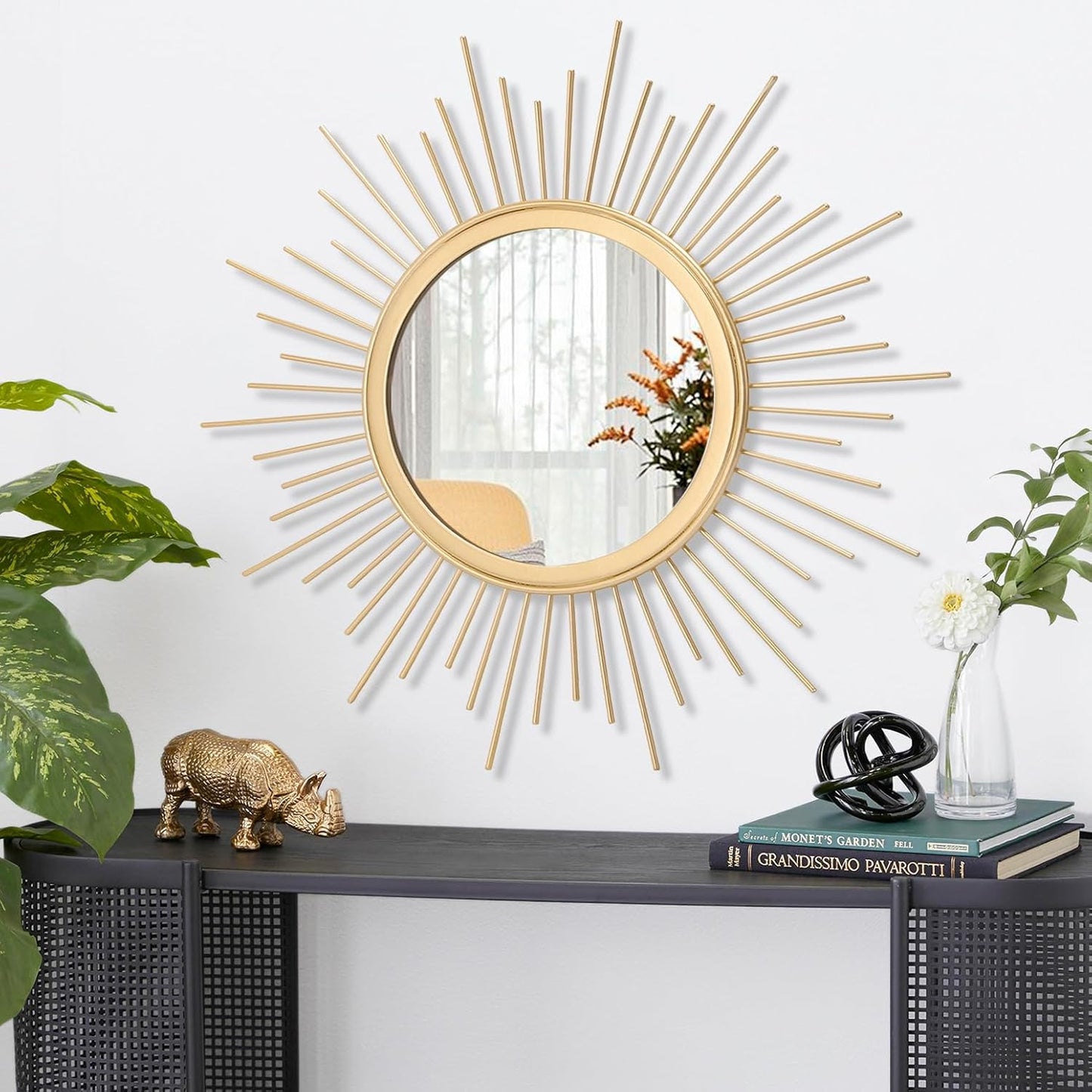 Gold Sunburst Mirrors for Wall Decorative Metal Round Art Mirrors Large Wall Decor Hanging Mirror for Bathroom Bedroom Living Room Vanity Entryway 16"