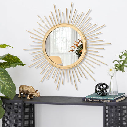 Gold Sunburst Mirrors for Wall Decorative Metal Round Art Mirrors Large Wall Decor Hanging Mirror for Bathroom Bedroom Living Room Vanity Entryway 16"