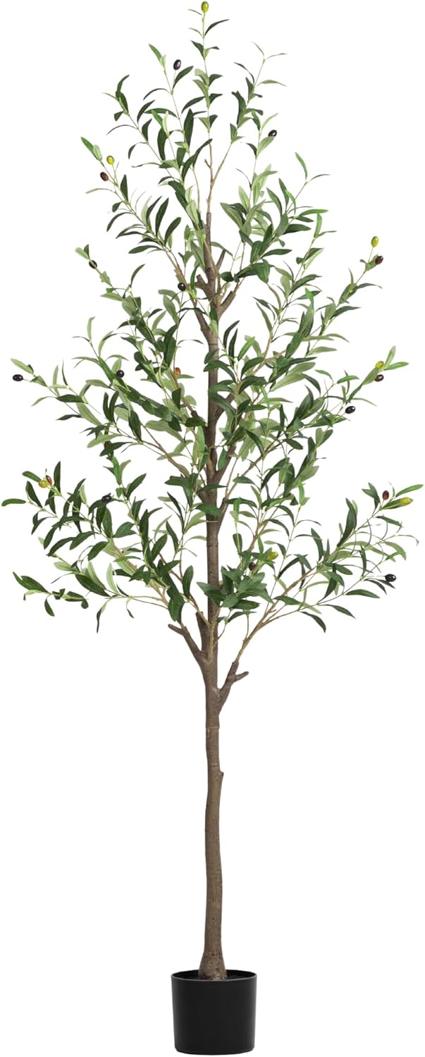 Olive Tree Artificial Indoor, 7 FT Faux Olive Trees with Planter, Fake Tall Plants with Natural Trunk and Lifelike Fruits for Home Office Decor(1, 7FT)