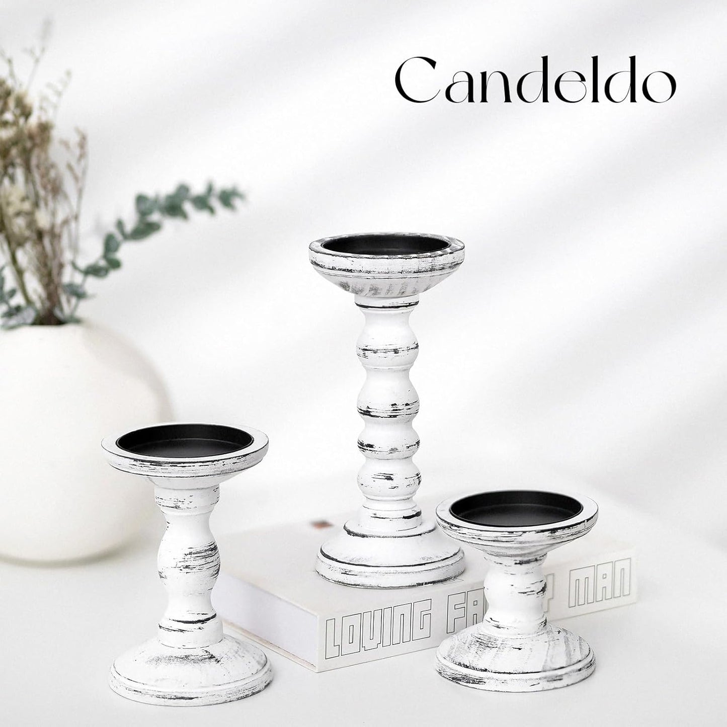 Candeldo Wood Candle Holders for Pillar: Rustic Candles Holder Set of 3 Tall Table Centerpiece Shabby Chic Decor Wooden White Farmhouse Decorations for Fireplace Mantle