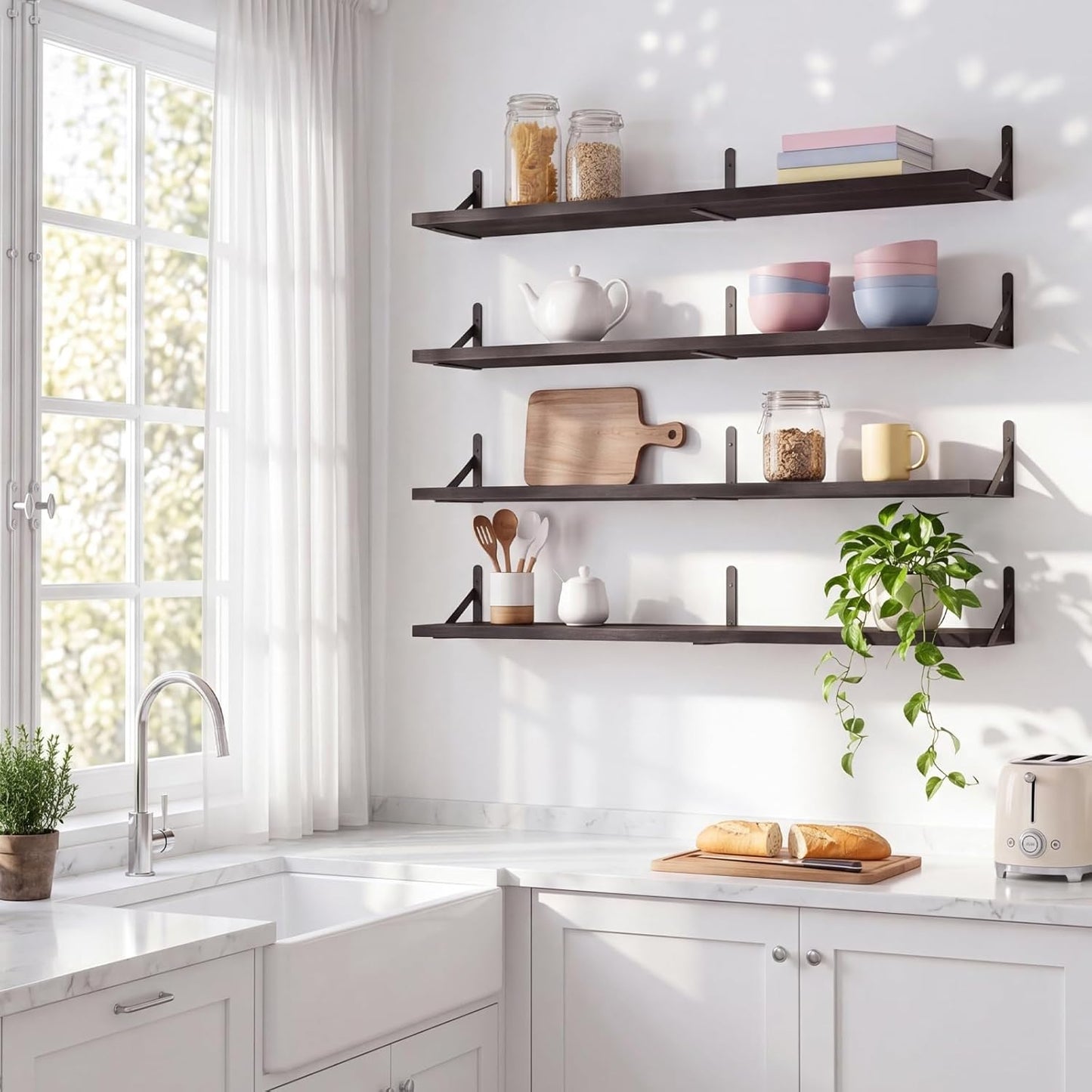 YGEOMER Floating Shelves for Wall, Different Sizes Dark Carbonized Brown Wall Shelves for Living Room, Bathroom, Bedroom, Kitchen, Home Decor (Set of 4)