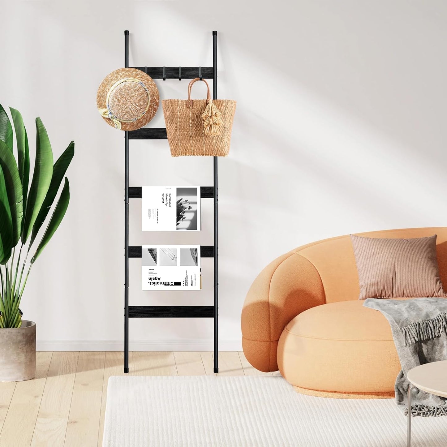 ELYKEN Blanket Ladder for Living Room, Farmhouse 5-Tier Quilt Holder with 4 Removable Hooks for Bathroom, Wood Towel Rack Display, Wall Anchor Leaning Decorative Stand for Home, Rustic Brown