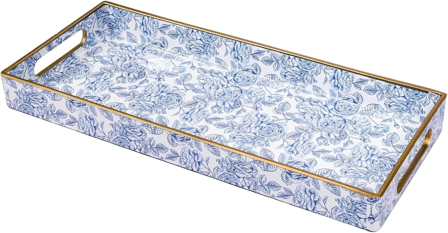 MAONAME White Decorative Tray, Plastic Serving Tray with Handles, Rectangular Moroccan Trays, Long Narrow Trays for Bathroom, Kitchen Counter, 13.8" X 6" X 1.57"