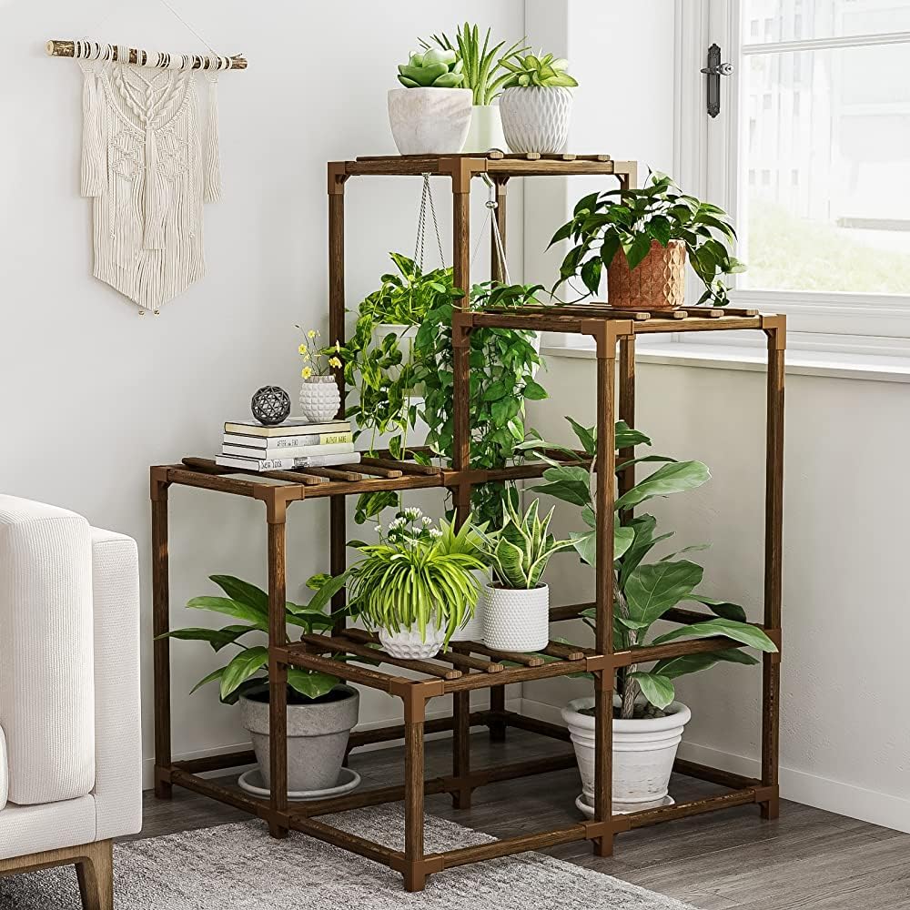 Bamworld Plant Stand Indoor with Grow Lights Wood Plant Shelf for Hanging Planter Pots Display Flower Stand for Living Room Patio Garden Decor