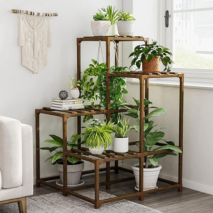 Bamworld Plant Stand Indoor with Grow Lights Wood Plant Shelf for Hanging Planter Pots Display Flower Stand for Living Room Patio Garden Decor