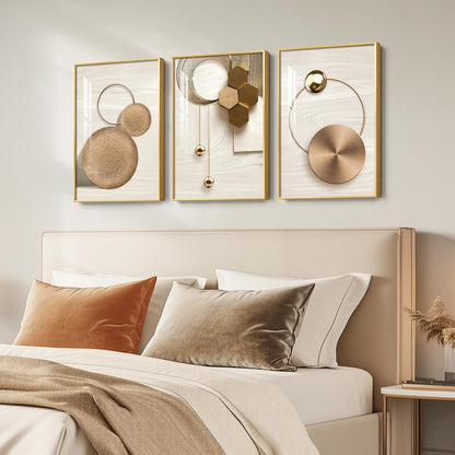 Framed Modern Luxury Gold Wall Art, Set of 3 Piece Contemporary Paintings Artwork for Walls, Golden Prints Pictures with Gold Frame, Wall Decor for Living Room, Hallway, Bedroom, Office 16x24 Inch