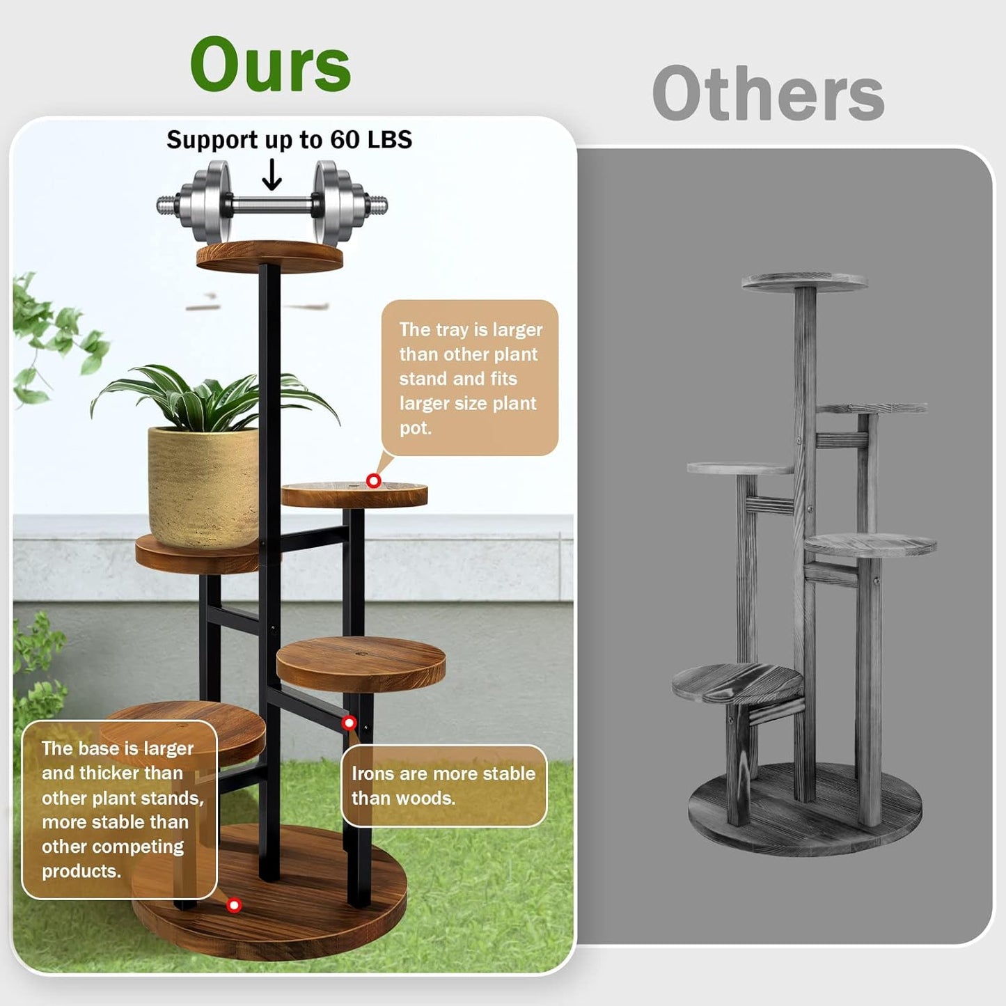 AUGOSTA 3 Tier Plant Stand, Tall Metal Wood Shelf Holder for Indoor, Outdoor Display Rack Flower Pot Stand for Corner Living Room Balcony Garden Patio