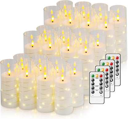 Nimiko Flickering Flameless LED Candles, 9 Pcs with Embedded Star String, Acrylic LED Pillar Candles with Remote, Suitable for Home Decoration (White)