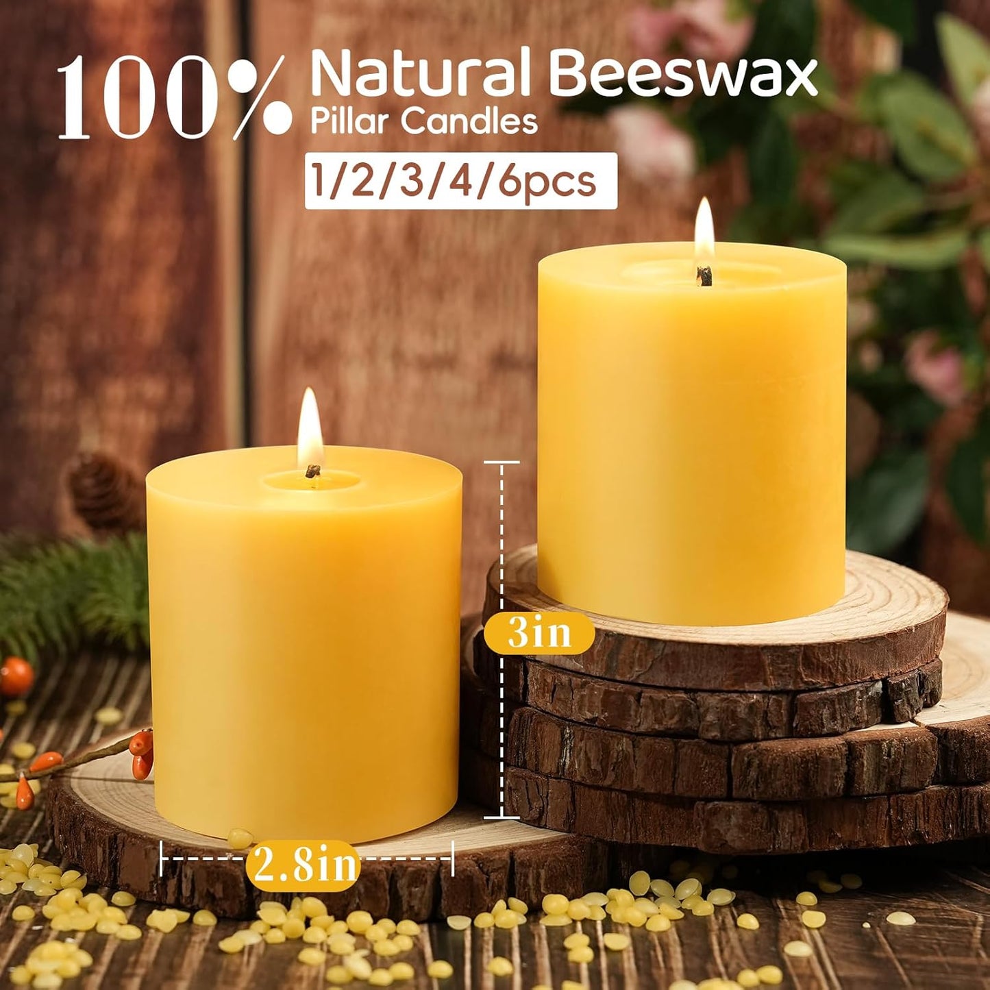 6 Pack Natural Beeswax Pillar Candles,100% Pure Beeswax Candles-210 Hours Long Burning,Organic Bees Wax Candles for Home,Emergency,Prayer,Parties,Unscented Dripless Smokeless Beeswax Candle Bulk 2x4in