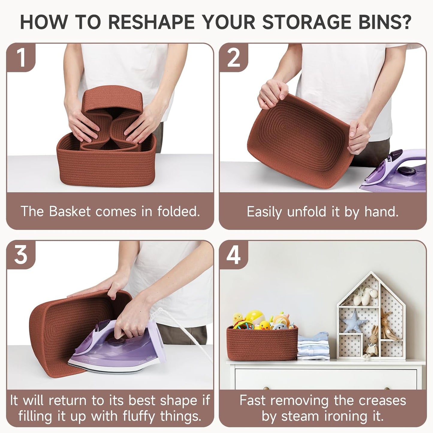 3-Pack Small Storage Baskets for Organizing | Woven Shelf Toy Basket | Rope Baskets for Gifts Empty | Closet Organizer Bins with Handles | Cube Decorative Box | 11.8×7.8×5.1” | Mixed brown