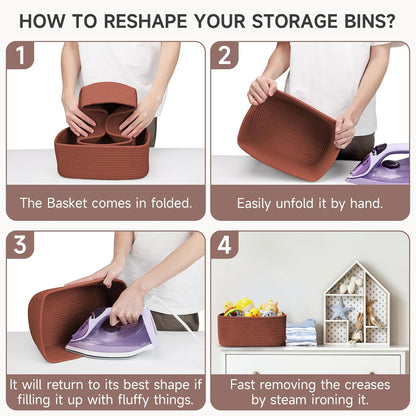 3-Pack Small Storage Baskets for Organizing | Woven Shelf Toy Basket | Rope Baskets for Gifts Empty | Closet Organizer Bins with Handles | Cube Decorative Box | 11.8×7.8×5.1” | Mixed brown