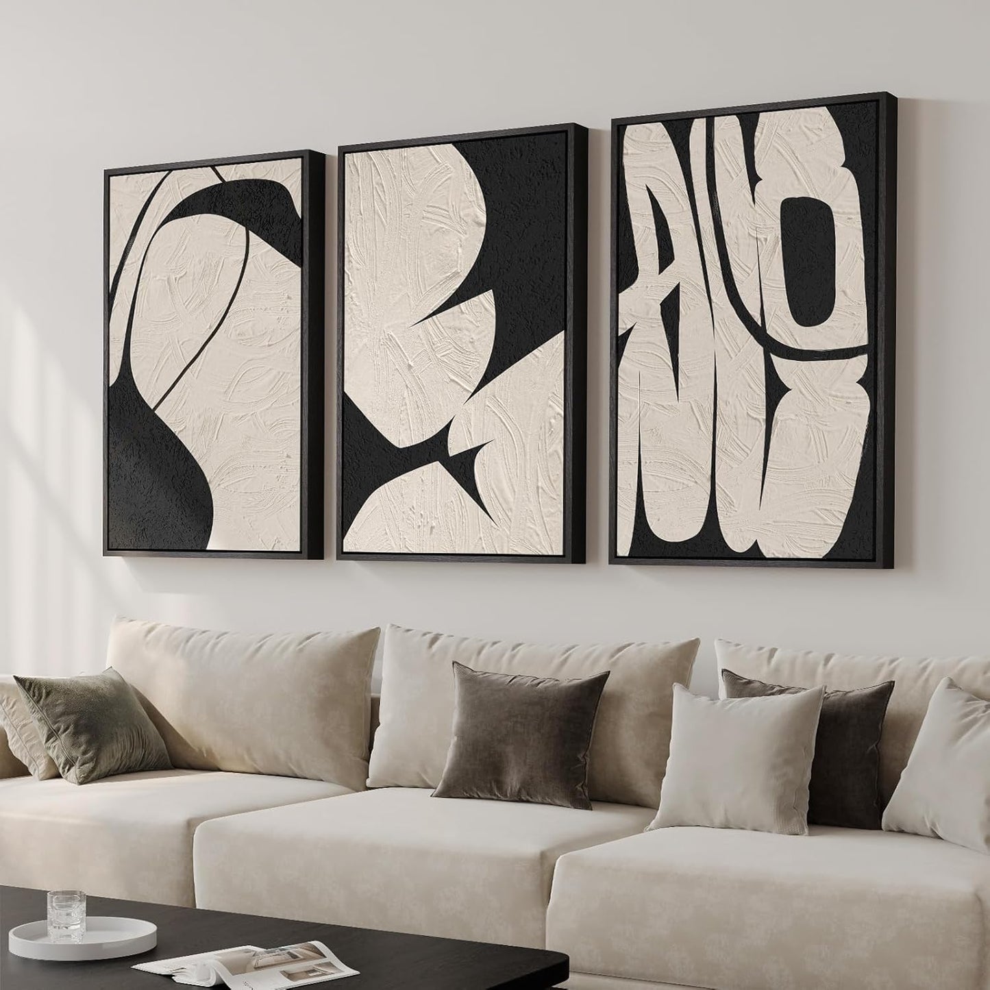 Large Framed Neutral Abstract Wall Art for Living Room, 3 Piece Modern Canvas Prints Paintings Artwork for Walls, Black and Beige Pictures for Living Room Hallway Stair Office Wall Decor 24x36 Inch