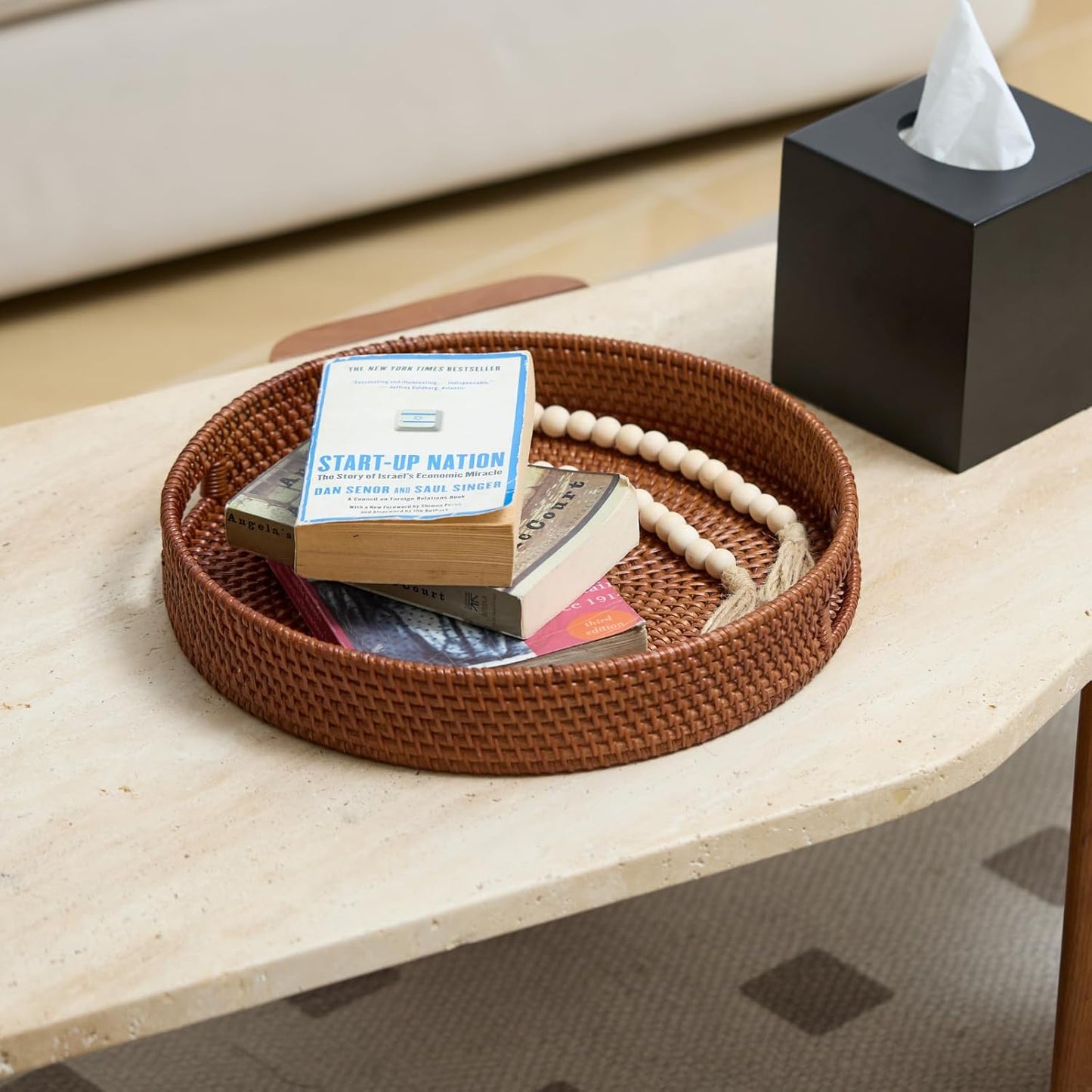 13.8 inch Round Rattan Tray, Decorative Coffee Table Tray, Ottoman Tray, Woven Serving Tray with Handles, Wicker Serving Basket, Whitewash