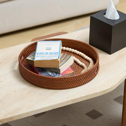 13.8 inch Round Rattan Tray, Decorative Coffee Table Tray, Ottoman Tray, Woven Serving Tray with Handles, Wicker Serving Basket, Whitewash