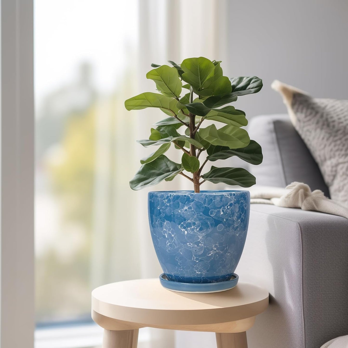 10 Inch Ceramic Planter Pot Round Plant Pot for Indoor Plants Outdoor Large Flower Pot with Drainage Hole and Saucer Blue