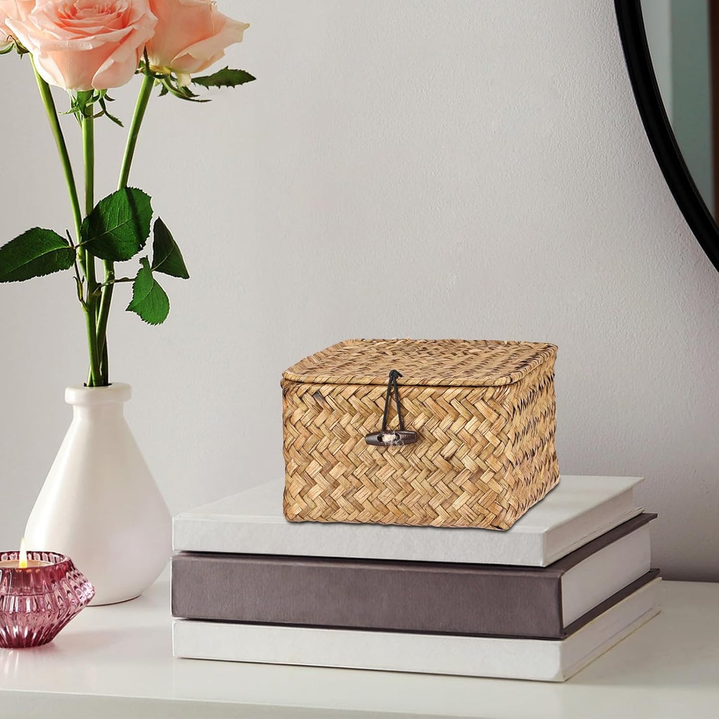 Hipiwe Seagrass Basket with Lid Wicker Storage Basket Square Handwoven Decorative Baskets Box for Shelf Multipurpose Household Baskets Home Decor,X-small