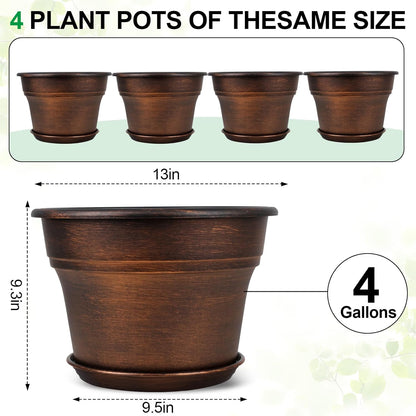Fodetyff 10 Inch Planters Plant Pots Indoor Outdoor, 4 Pack Plastic Flower Pot for Indoor Plants with Drainage Holes & Trays, Resin Decorative Container Sets with Saucer for House Garden Copper