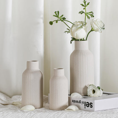 Bohemian White Ceramic Vase - for Pampas Grass, Mantel, Bookshelf, Entryway and Living Room Decor (White, 7in)