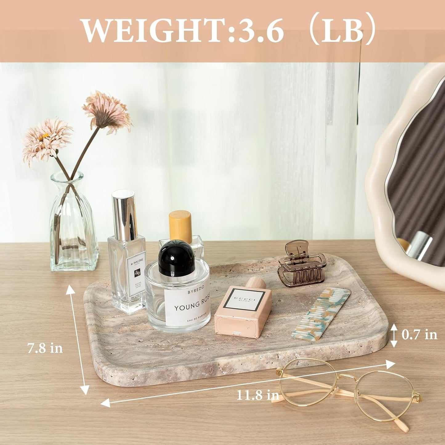 Marble Vanity Tray for Dresser Organizer, Travertine Bathroom Tray Countertop, Beige Decorative Serving Trays, Kitchen Sink Storage, Jewelry & Perfume Holder(Travertino Romano)