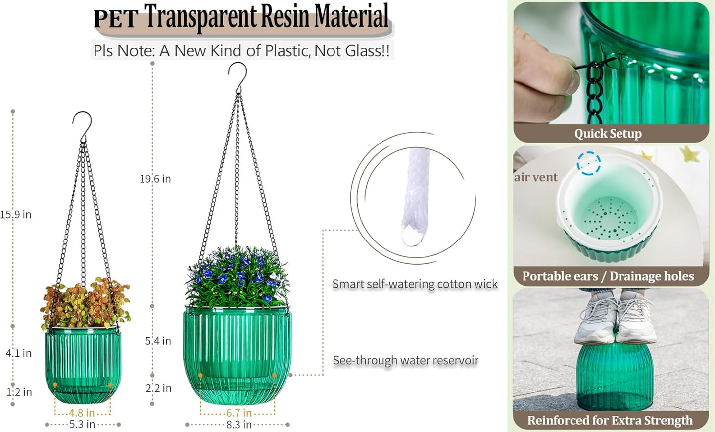 Melphoe 2 Pack Self Watering Hanging Planters Indoor Flower Pots, 6.5 Inch Outdoor Hanging Basket, Plant Hanger with 3Hooks Drainage Holes for Garden Home (Emerald)