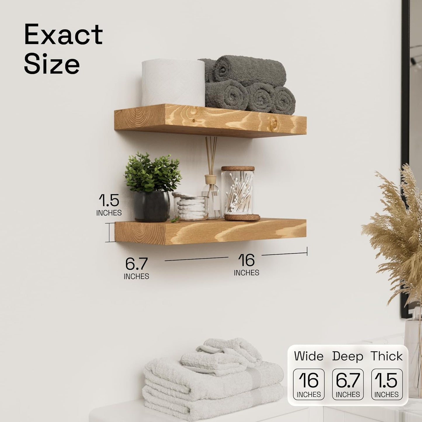 BAOBAB WORKSHOP Wood Floating Shelves for Wall Mounted, 16 inch Walnut Floating Shelf for Bathroom, Solid Wooden Wall Shelves for Kitchen Bedroom Farmhouse, Walnut Finish, 16 x 6.7, Set of 2