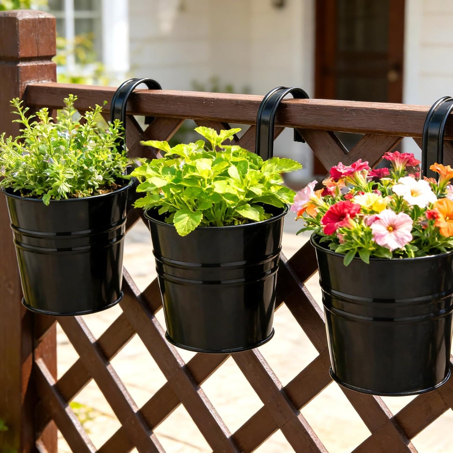 KINGLAKE Flower Pots,10 Pcs Metal Iron Hanging Flower Plant Pots Balcony Garden Plant Planter Baskets Fence Bucket Pot 4'' Flower Holders with Detachable Hook