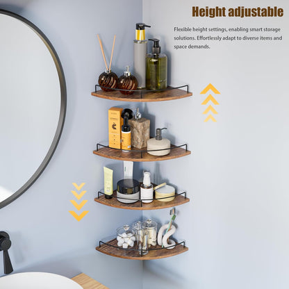 Corner Floating Shelves, Rustic Brown Wood, Set of 2, Wall Mount Storage with Guardrail for Bathroom Kitchen Living Room