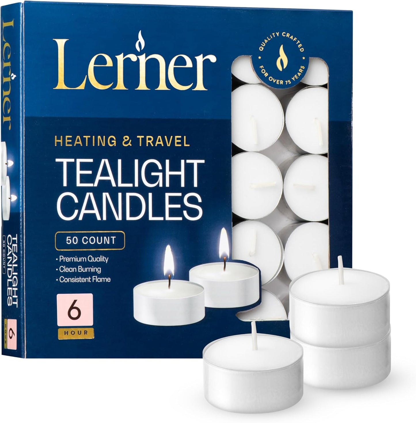 Lerner Tealight Candles, 50 Count| 4.5 Hours Long-Burning White Tea Light Candles| Non-Toxic, Smokeless & Soot-Free Tea Light Warmer Candles | Unscented Party, Décor, Shabbat Tea Candles
