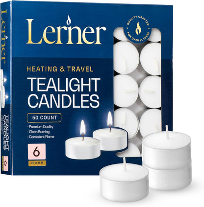 Lerner Tealight Candles, 50 Count| 4.5 Hours Long-Burning White Tea Light Candles| Non-Toxic, Smokeless & Soot-Free Tea Light Warmer Candles | Unscented Party, Décor, Shabbat Tea Candles